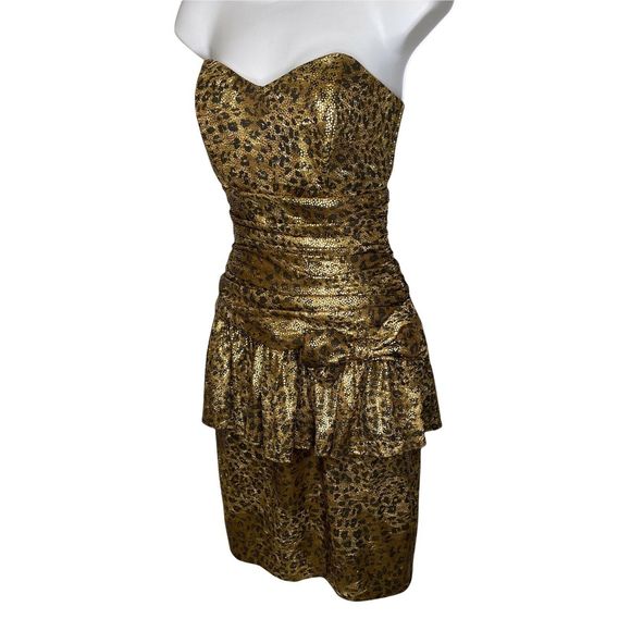 VTG Patra Size 6 Cheetah Print Strapless Dress Shimmer Ruched Bow Party Flounce - Picture 8 of 8